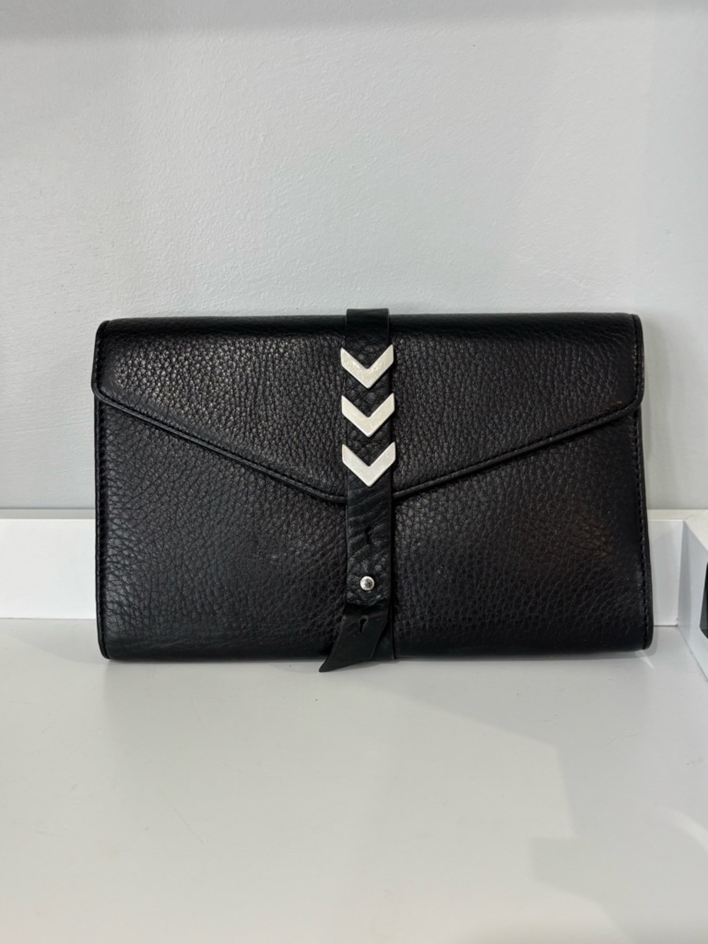 Mackage Black Leather Envelope Clutch with Silver Chevron Strap